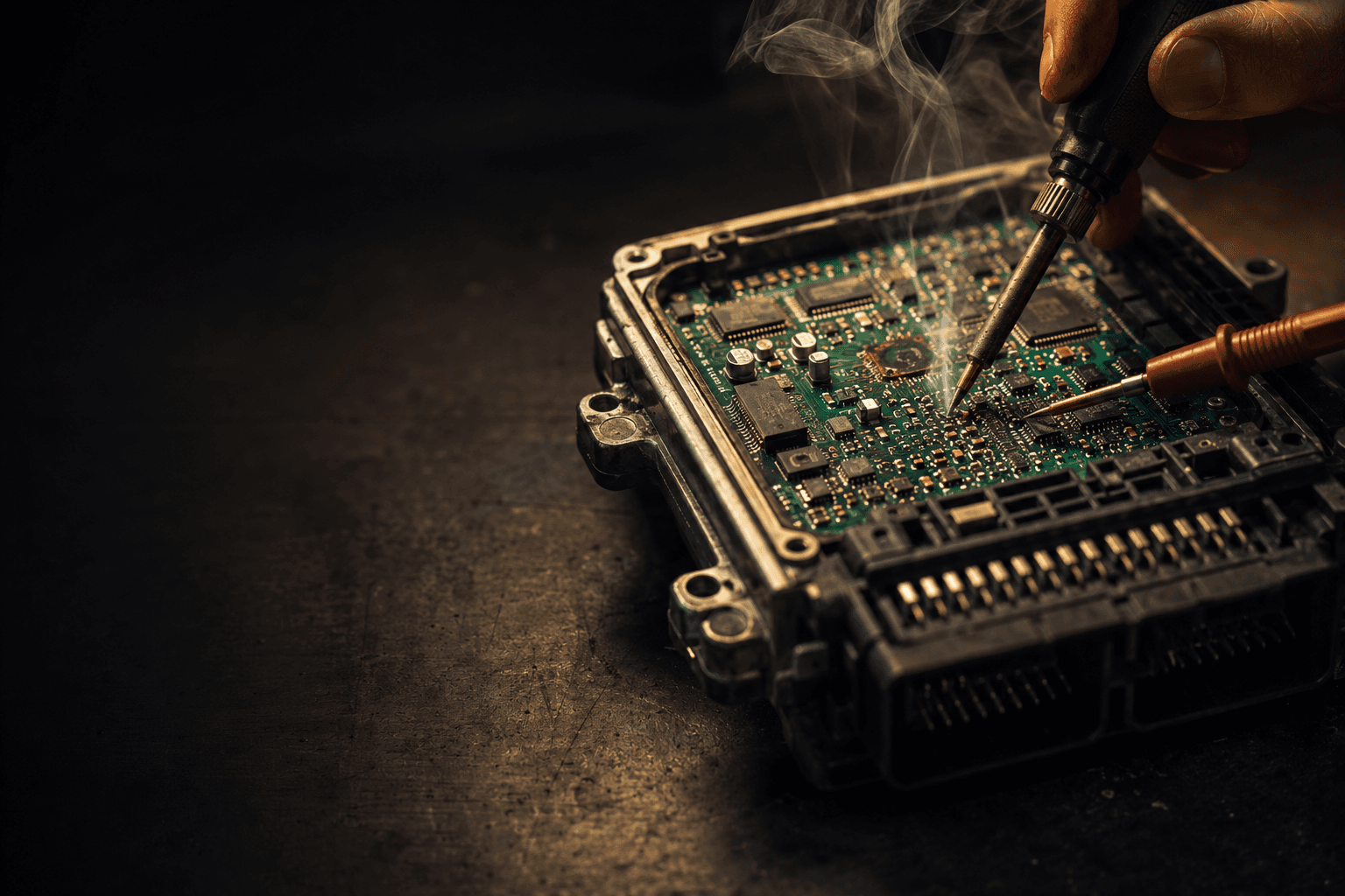 Reparación de la computadora de un vehículo con soldador y punta de multímetro